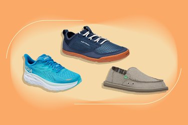 a collage of some of the best breathable shoes for sweaty feet on an orange background