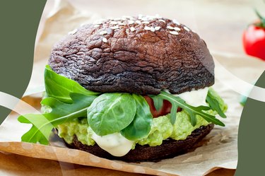 guacamole and veggie sandwich with mushroom caps as a bun