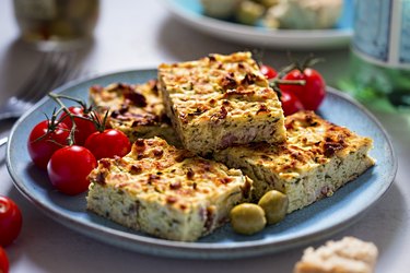 Frittata with bacon, courgette, feta for a high protein low carb breakfast