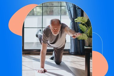 person doing bird dog exercise on gray yoga mat at home as part of 30-day abs challenge