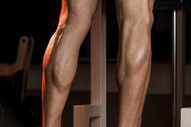 a close up of an adult's muscular legs and defined calf muscles