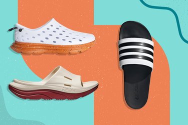 three of the best recovery shoes from Adidas, Oofos and Kane on a colorful orange and blue background