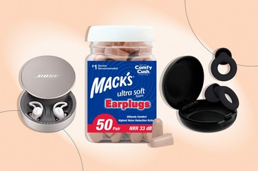 Collage of the best earplugs for sleeping on a peach-colored background