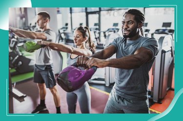 three people doing kettlebell swings in gym