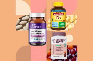 a collage of three of the best vitamins for women over 40 on an orange and peach background