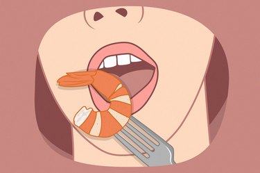 custom illustration of woman eating shrimp on pink background