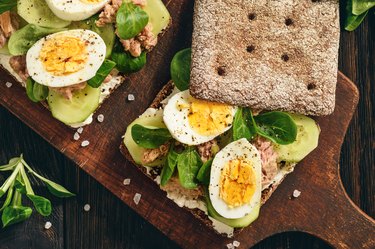 Tuna salad sandwiches with eggs and cucumbers for cheap protein foods