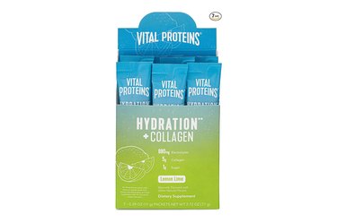 a box of Vital Proteins Hydration+ Collagen water flavoring packet on white background